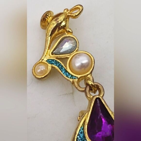 Disney Vintage Jeweled Pearl Clip On Earrings Gold Tone Jewelry Jasmine - Picture 6 of 12